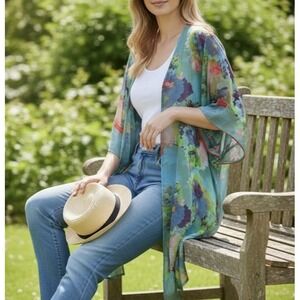 Vtg Citron Santa Monica 100% Silk Kimono Style Blouse Size XS Floral Watercolors